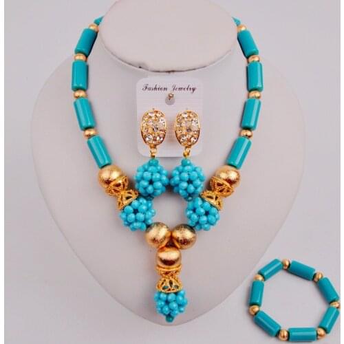 Stylish Aqua Blue Crystal African Beads Necklace Nigerian Jewelry Set for Women ZQ5-04