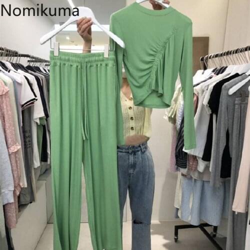 Nomikuma 2021 Spring Women Pant Sets Pleated Long Sleeve T Shirts + Lace Up High Waist Wide Leg Long Pants Korean Suits 6G084