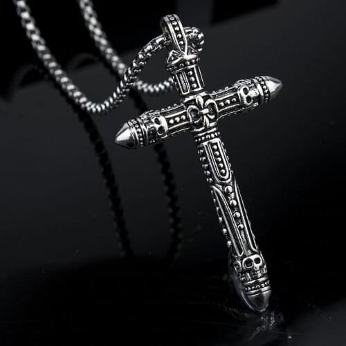 HNSP Punk Skull Cross Pendant Chain Necklace For Men Male Gothic Gifts