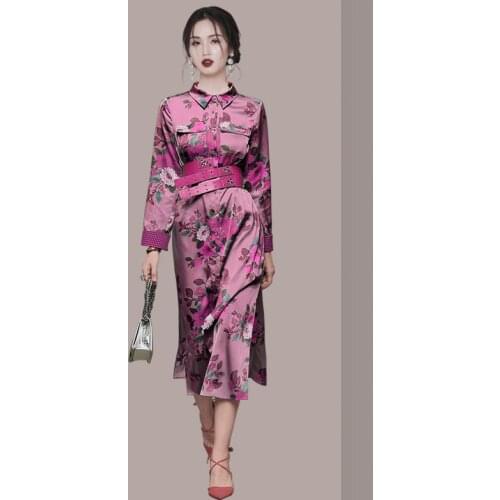 Plus Size Print Floral Vintage Dress for Women Corset Long Sleeve Midi Purple Shirt Dresses Ladies Flower Streetwear Retro Dress