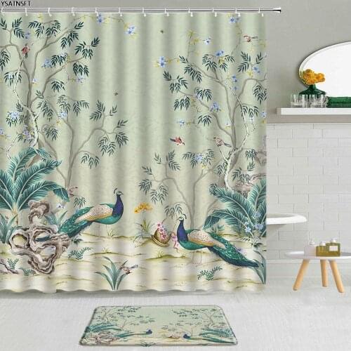 2Pcs Chinese Style Floral Shower Curtain Tropical Plant Palm Leaf Peacocks Birds Bathroom Non-Slip Bath Mat Curtains Decor Set