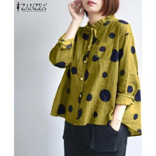 ZANZEA Elegant Women Ruffles Blouse Long Sleeve Polka Dot Shirt Vintage Buttons Down Tunic Tops Female Loose Blusas Chemise