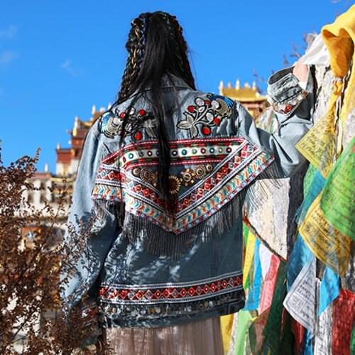 Jastie Boho Denim Jacket for Women Autumn Vintage Floral Bead Embroidery Jackets Top Coat Long Sleeve Outerwear Female Coatee