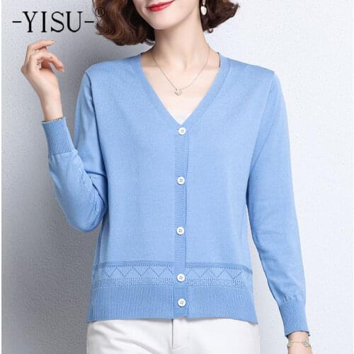 YISU Woman clothing Cardigan V-Neck Cardigan Coat Solid color Long sleeve Sweater Spring Autumn Tops simple Knitted Coats Female