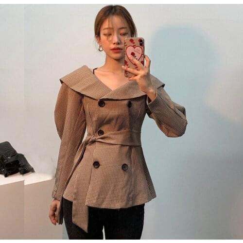 Women Casual Coat Autumn Korean Vintage Large Lapel Jacket Female Stitching Color Plaid Double Breasted Jackets 2020