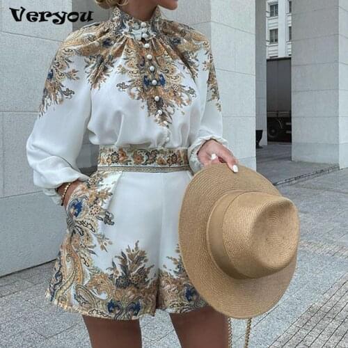 Elegant Vintage Printed Stand-Up Collar 2 Piece Set Women Button Shirt + Fashion Pocket Shorts Suit 2021 Autumn Long Sleeve Tops
