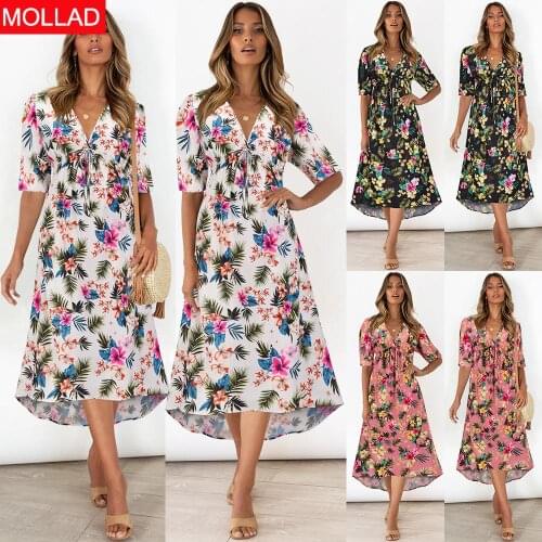 V-neck Irregular Skirt Printed Dress 2021summer New Womens Dress European and American