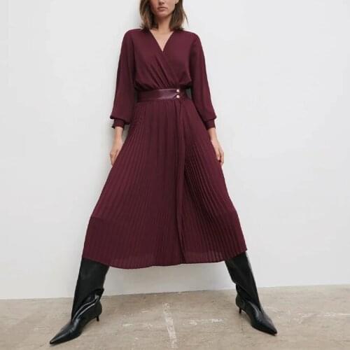 Ladies Fashion Chiffon Dress Waist Tie Decoration Women Long Sleeve Dress Beach Holiday Dress