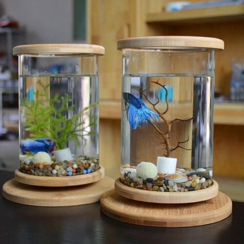 1pcs Glass Betta Fish Tank Bamboo Base Mini Fish Tank Fish Bowl Accessories Aquarium Decoration Accessories Rotate Decorati K4T0