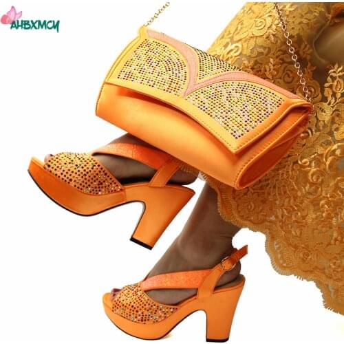 2021 Pretty Price New Arrivals Orange Color Italian Women Shoes and Bag Set Slingbacks High Heels with Platform for Party
