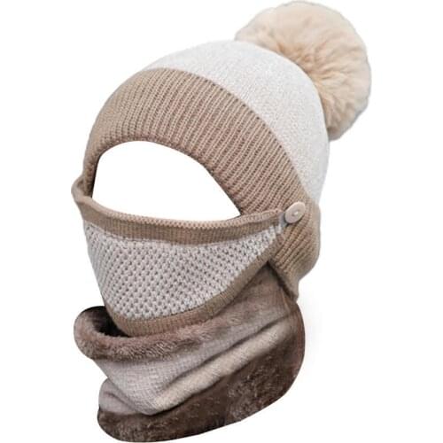 3Pcs/Set Women Winter Windproof Warm Knit Pompom Beanie Hat Cap Scarf Face Cover