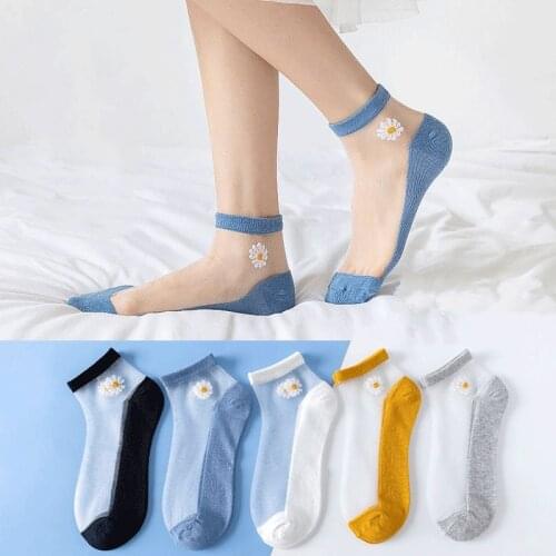 5pairs/lot Women Socks For Summer Ultra-thin Transparent Cass Glass Fiber Silk Socks Fashion Daisy Flower Japan Ankle Socks