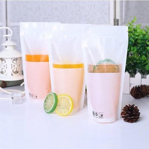 50pcs 12x24x4cm White Scrub Beverage Transparent Self-supporting Ziplock Liquid Packaging Bags Plastic Juice Milk Tea Bag