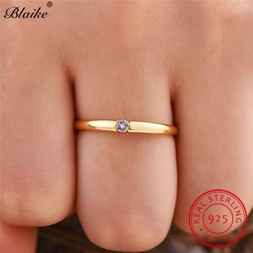 Blaike 925 Sterling Silver Rings For Women Men Yellow Gold Thin Ring Minimalist Small White Zircon Stone Wedding Bands Jewelry