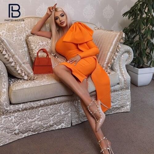 PB Trendy Bow Design Sexy One Shoulder Knee Length Bandage Dress Celebrity Party Club Vestido Free Shipping