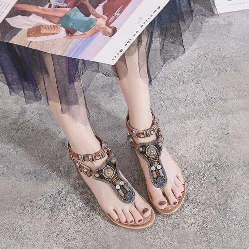 Boho Style Beaded Beach flat pearl Clip Toe Sandals Ethnic Flip Flops Gladiator Sandalias Fashion Zipper Sandals Flat Rome Shoes