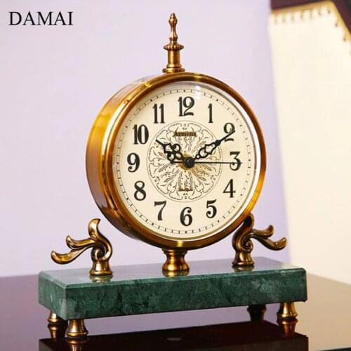 European Small Desk Clock Home Decor Retro Marble Base Desktop Ornaments Living Room Table Decoration Vintage Accessories