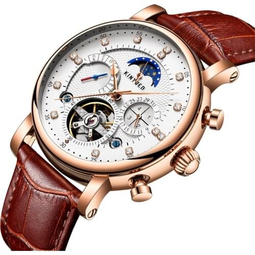 KINYUED Moon Phase Top Brand Mens Mechanical Watches Automatic Tourbillon Skeleton Watch Men Calendar Relogio Masculino dropship
