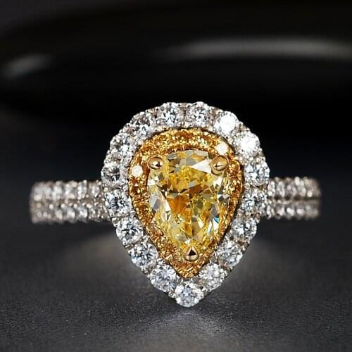 Solid 18K White Gold Centre 1ct Moissanite Pear Ring Yellow Moissanite Halo Ring Engagement Ring Fine Gold Jewelry For Women