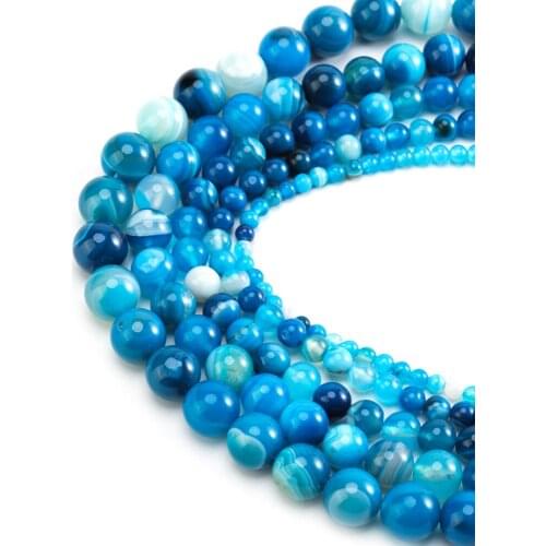 Lacoogh Natural Stone Blue Striped Onyx Agates Round Loose Beads Strand 4 6 8 10 12 mm Pick Size For Jewelry Making