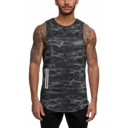 Camo Sport Shirt Men Sleeveless Tank Tops Tee Workout Gym Tshirt with Phone Pockect Training Running Tshirt Fitness Men Tops
