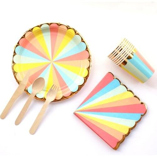 Rainbow theme Party Paper Plates Cups Straw Tableware Party Supplies Rose Gold Baby Shower Wedding Decoration Kids Birthday Set