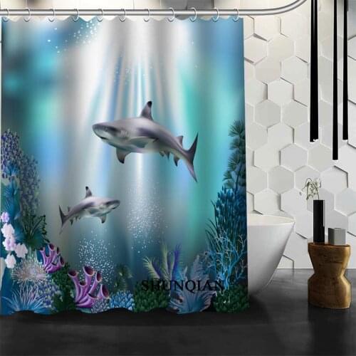 New Custom Underwater World Sharks Shower Curtains Polyester Bathroom Waterproof Bath Curtain Size 150X180cm165X200cm180X200cm