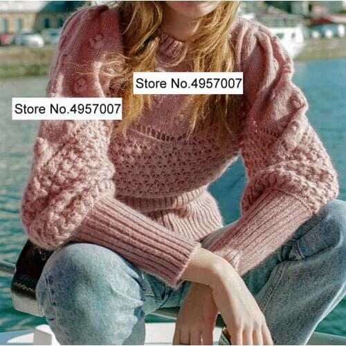 Ladies O Neck Wool Blend Hollot Out Knitted Pullover Top - Women Puff Sleeve Crochet Knit Jumper Sweater