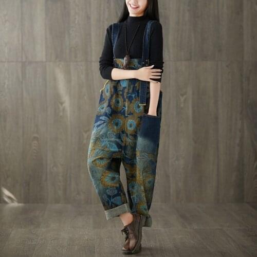 Johnature Women New Floral Print Blue Jumpsuit 2021 Autumn And Winter Casual Vintage Pockets Jumpsuits Women Trousers