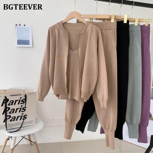 BGTEEVER New Autumn Winter Women 3 Pieces Sweater Set Full Sleeve Knitted Cardigans & Sleeveless Camisole & Knitted Pants 2021