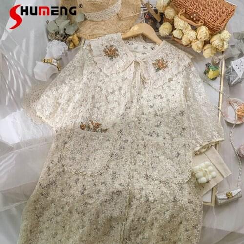 2021 Summer Ladies Simple Doll Collar Lace Slimming Mid-calf Mori Dress Womens Fashion Sweet Embroidery Japanese Fairy Dress