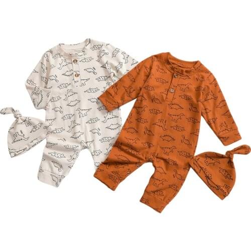 2021 Infant Newborn Baby’s Casual Jumpsuit with Hat Cartoon Dinosaur Printing Long Sleeve Romper Long Pants