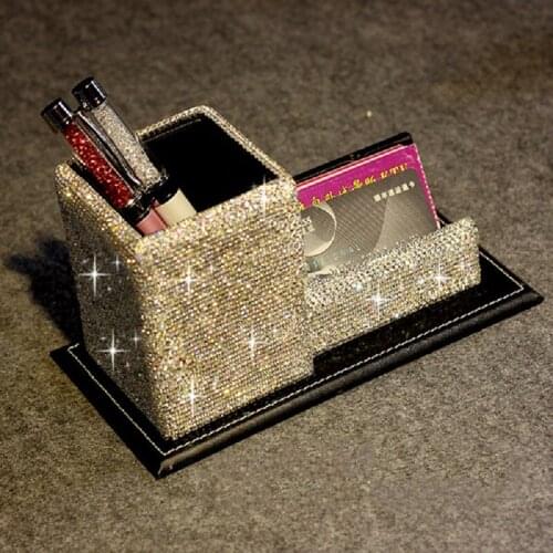 Shiny Fashion Office Desktop Stationery Storage Box Diamond Rhinestone Crystal Multi-function Pen Business Card Holder Gift