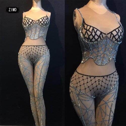 Sparkly rhinestones jumpsuit women tight dance costume See through Elastic mesh sexy club outfits designer clothes performance