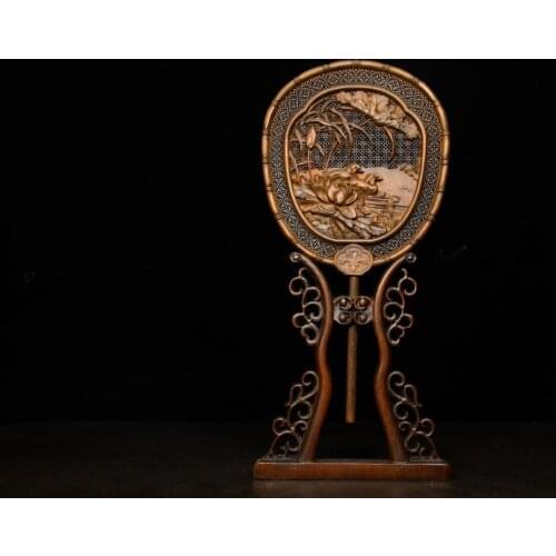 Home Decor 6" Old Boxwood Pure Hand-Carved Mandarin ducks playing on the water screen Mandarin duck playing in water pattern woo