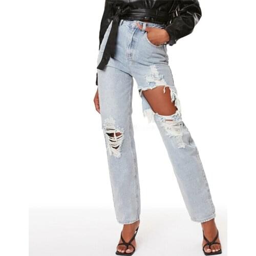 SEASONS Casual High Waist Solid Cotton Blue Jeans Women Summer Zipper Hole Loose Straight Trousers Female Streetwear ASPA83012