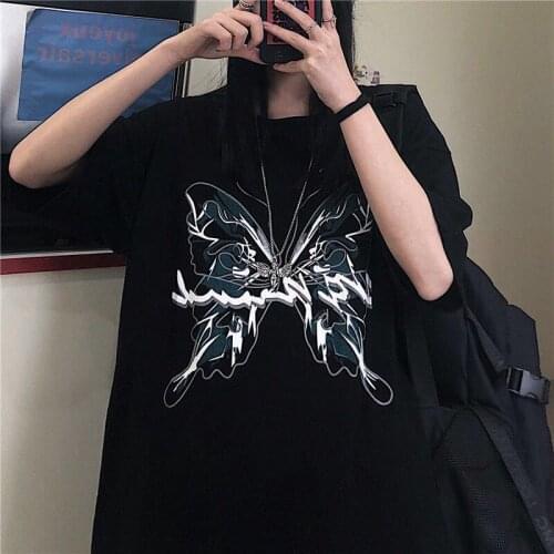 Dark punk style Butterfly Graphic and Letter Printing Stitch Green Y2K Summer punk Style O-neck Short Sleeve T-shirts