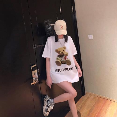Teddy Bear Cotton T-shirt Womens Short-sleeved Top Loose Korean New Design Ins Bottom Shirt Short-sleeved Summer Design Feel