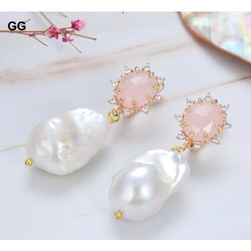 GuaiGuai Jewelry Natural Cultured White Keshi Baroque Pearl Rose Quartz CZ Pave Stud Earrings Cute Style For Women