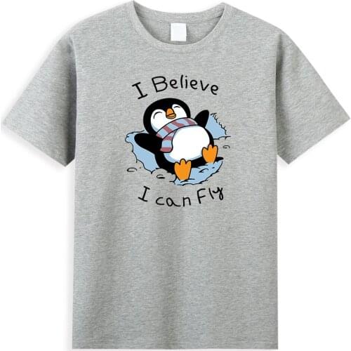 Kawaii Snow Penguin Graphic Clothes I Believe I Can Fly Letter Printing T-Shirts Cartoon Animal Cute TShirt Male Cool Streetwear
