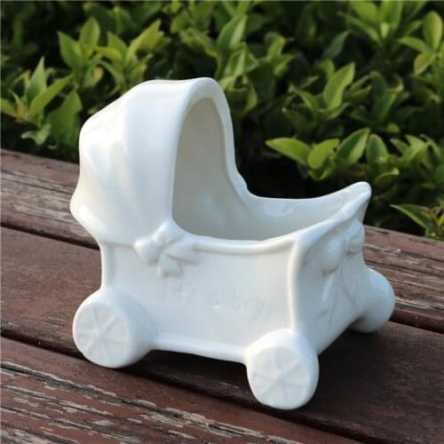 Mini Ceramics Baby Stroller Model Flower Pot Decorative Porcelain Baby Carriage Planter Novelty Ornament Handicraft Accessories