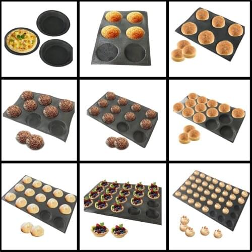 Meibum Glass Fiber Silicone Round Bread Mold Various Hamburger Cookie Puff Black Porous Mould Cake Tart Pan Non Stick Bake Tools
