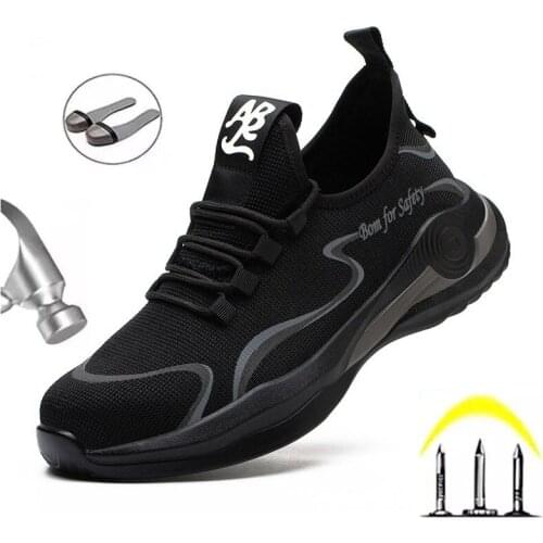 Summer Flying Mesh Mens Safety Work Shoes Casual Fashion Breathable Wear-resistant Anti-smashing Lightweight Protective Shoes