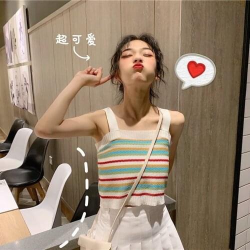 Women Tanks Tops Summer Sleeveless Knitted Rainbow Striped Spaghetti Straps Vest Womens Top Camis Crop Top For Women