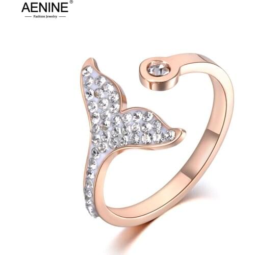 AENINE Trendy Titanium Stainless Steel Fishtail Clay Party Ring Rose Gold CZ Crystal Anniversary Rings For Women Girls AR19030