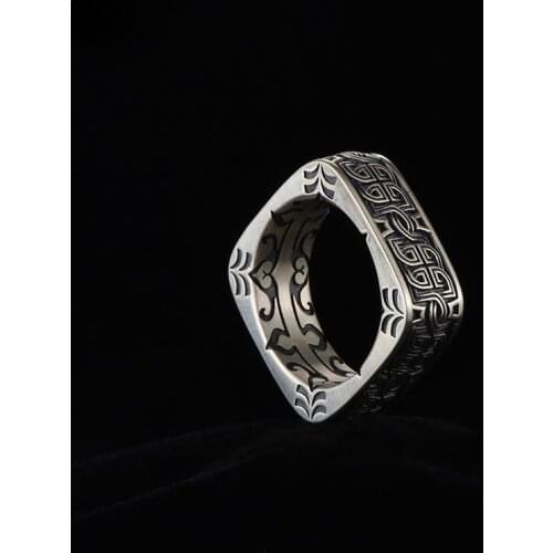 New Silver Mens Ring Retro Square Round Pangu Trend Personality Domineering Handmade Ring Jewelry Accessories