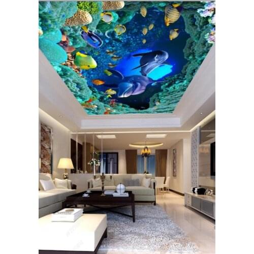 Custom photo wallpaper 3d ceiling murals wallpaper for walls 3 d HD Ocean World Dolphin Stereo Ceiling Zenith Mural wall papers