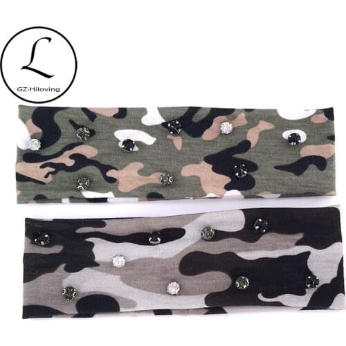 GZHilovingL Soft Woman Green Camouflage Rhinestones Headbands Casual Summer Thin Stretch Army Print Hairbands Headwear For Girls