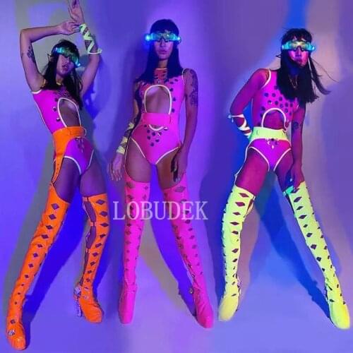 Sexy Nightclub Bar DJ Singer Leading Dance Team Performance Clothes Fluorescence Bodysuit LED Glasses Stage Hollow Out Costume