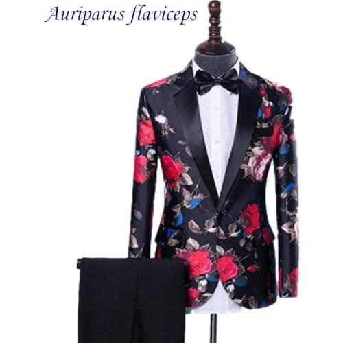Auriparus flaviceps Groom Tuxedos Floral Jacket Groomsman Costumes Floral Host Suit Performance Man Suits 2 Pieces Printed Suit